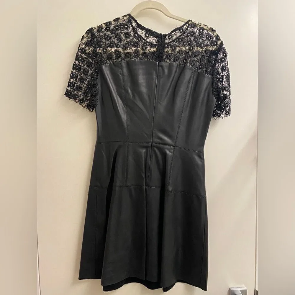 Zara Black Faux Leather & Eyelet Lace Short Sleeve Mini Dress. Size XS.